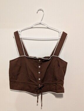 NWT dRA Los Angeles Brown Crop Top Ric Rac Scallop Trim 95% Cotton Boho Chic L